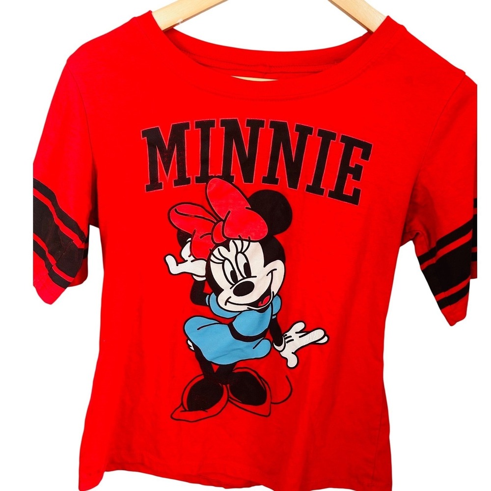 Disney Minnie Mouse Womens M Red Graphic Tee Varsity Stripe Sleeve Licensed